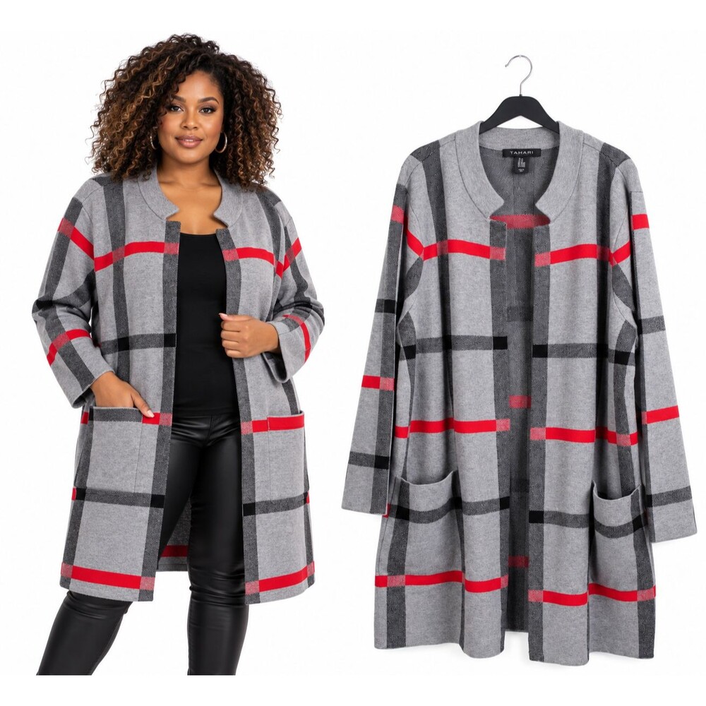 Tahari Long Cardigan Sweater Coatigan Plus Size 3X Gray Red Black Plaid Pockets